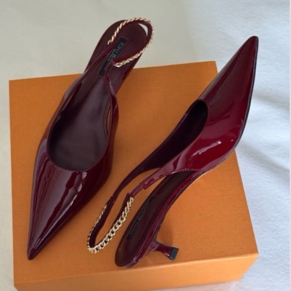 Tony Bianco Burgundy Patent Pointed Toe Slingback Heels with Gold Chain